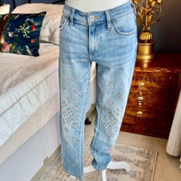 Pilcro Anthropologie Slim Boyfriend Light Wash Gold Embroidered Jeans - Picture 2 of 16